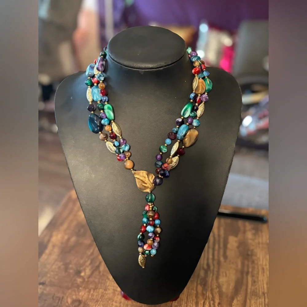 VINTAGE Genuine Lucite Statement Necklace • Gold Leaf Drop • Colorful Boho Luxe - Picture 10 of 16